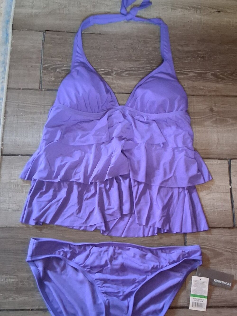 new Kenneth Cole Tankini 2 Pc Swimsuit Ruffles Blueberry Medium Top Large Bottom